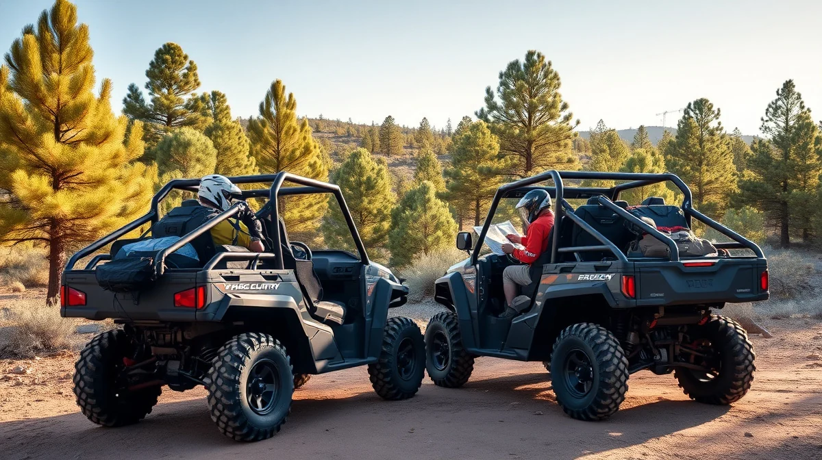 Side-by-side UTVs parked at a forest trailhead in the pines