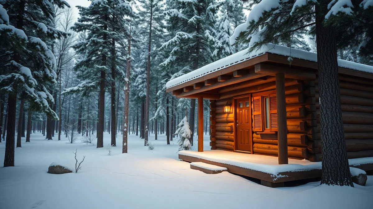 A log cabin closed up for winter in a snowy Arizona pine forest