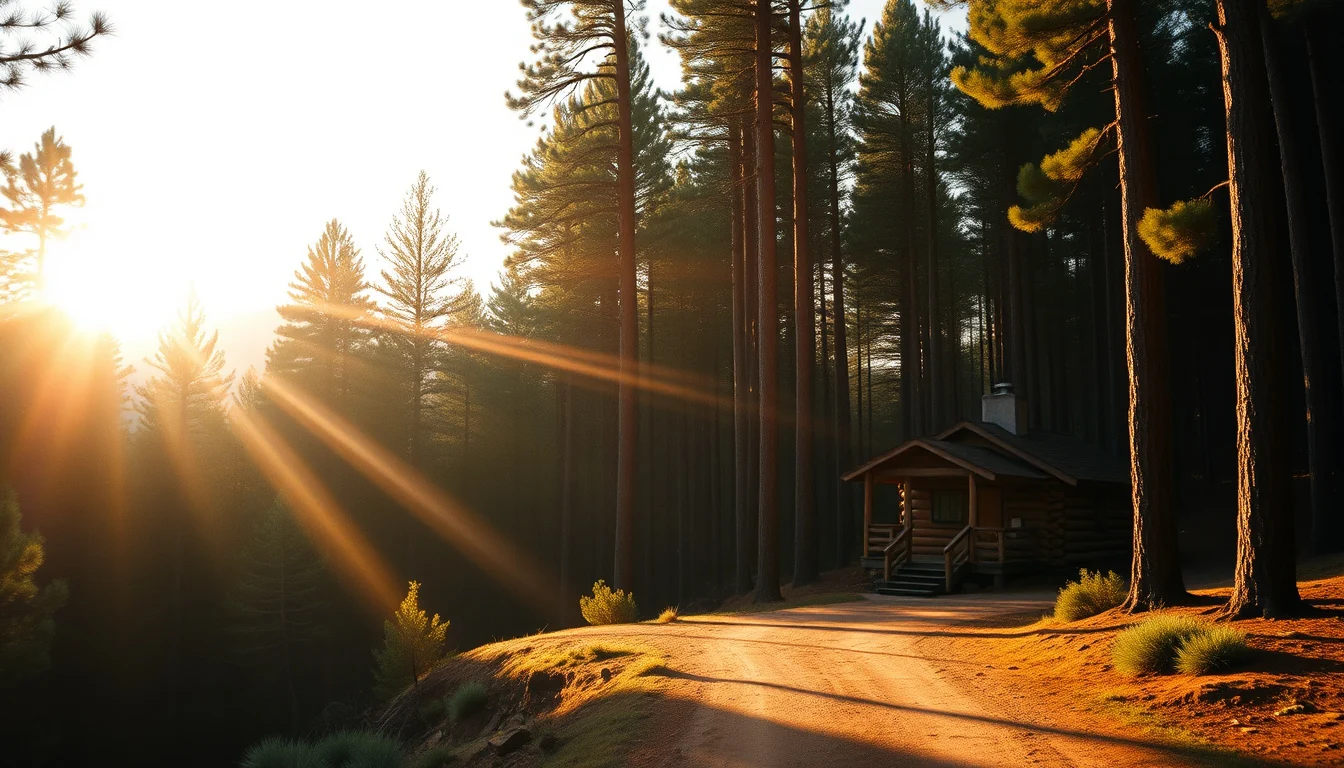 A log cabin nestled in tall Ponderosa pines on the Mogollon Rim at golden hour