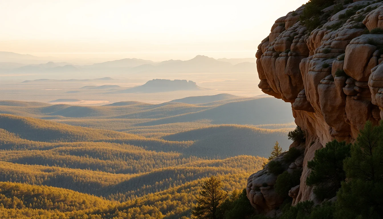 Panoramic view over the Mogollon Rim and endless Ponderosa pine forest at golden hour